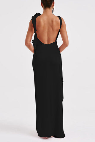 Robes de soirée sexy de bal, dos nu, à volants et col rond froncé, couleur unie (3 couleurs) 