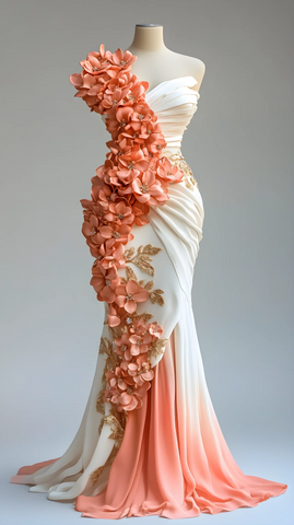 Pretty Peony Flower Appliques Chiffon Prom Dress Mermaid Long Evening Dress Y8565