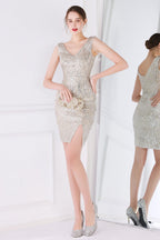 Robe cocktail abricot à sequins et franges