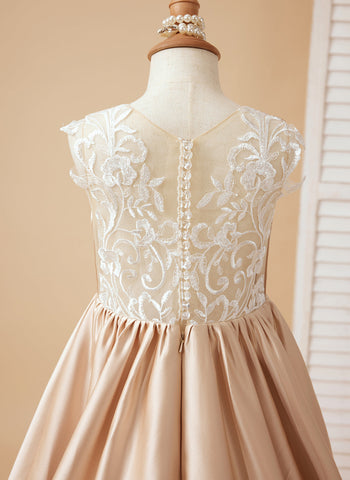 Vestido de niña de las flores de corte A, de satén y encaje, hasta el suelo 