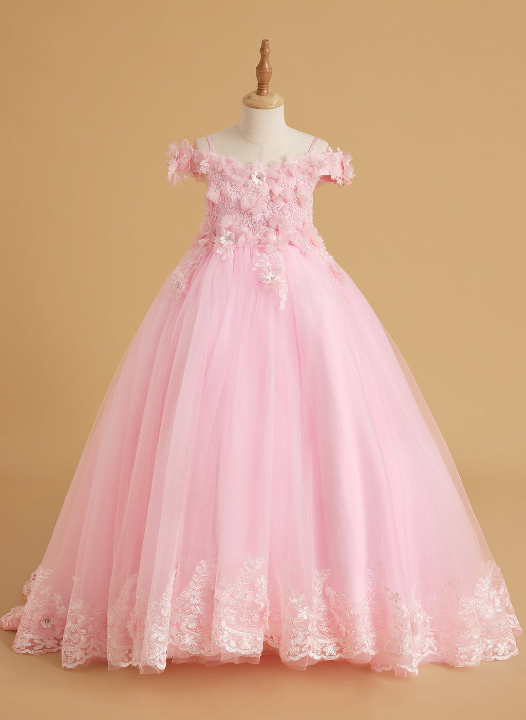 Vestido de gala/princesa rosa con cola de encaje para cumpleaños 