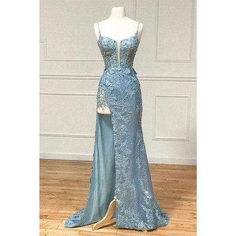 Robe de bal longue à bretelles spaghetti et paillettes avec fente