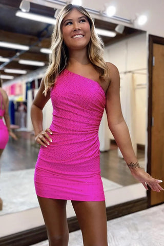 Vestido de cóctel ajustado, corto, de un solo hombro, sin espalda, sexy, con lentejuelas, ideal para fiestas de bienvenida.