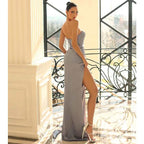 Vestido de fiesta largo de sirena con pliegues y escote en V sexy y abertura 