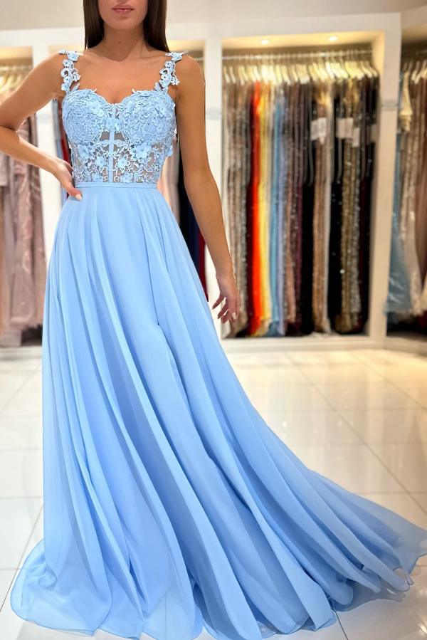 Robe de bal longue bleu ciel sans manches, fendue et ornée d'appliques