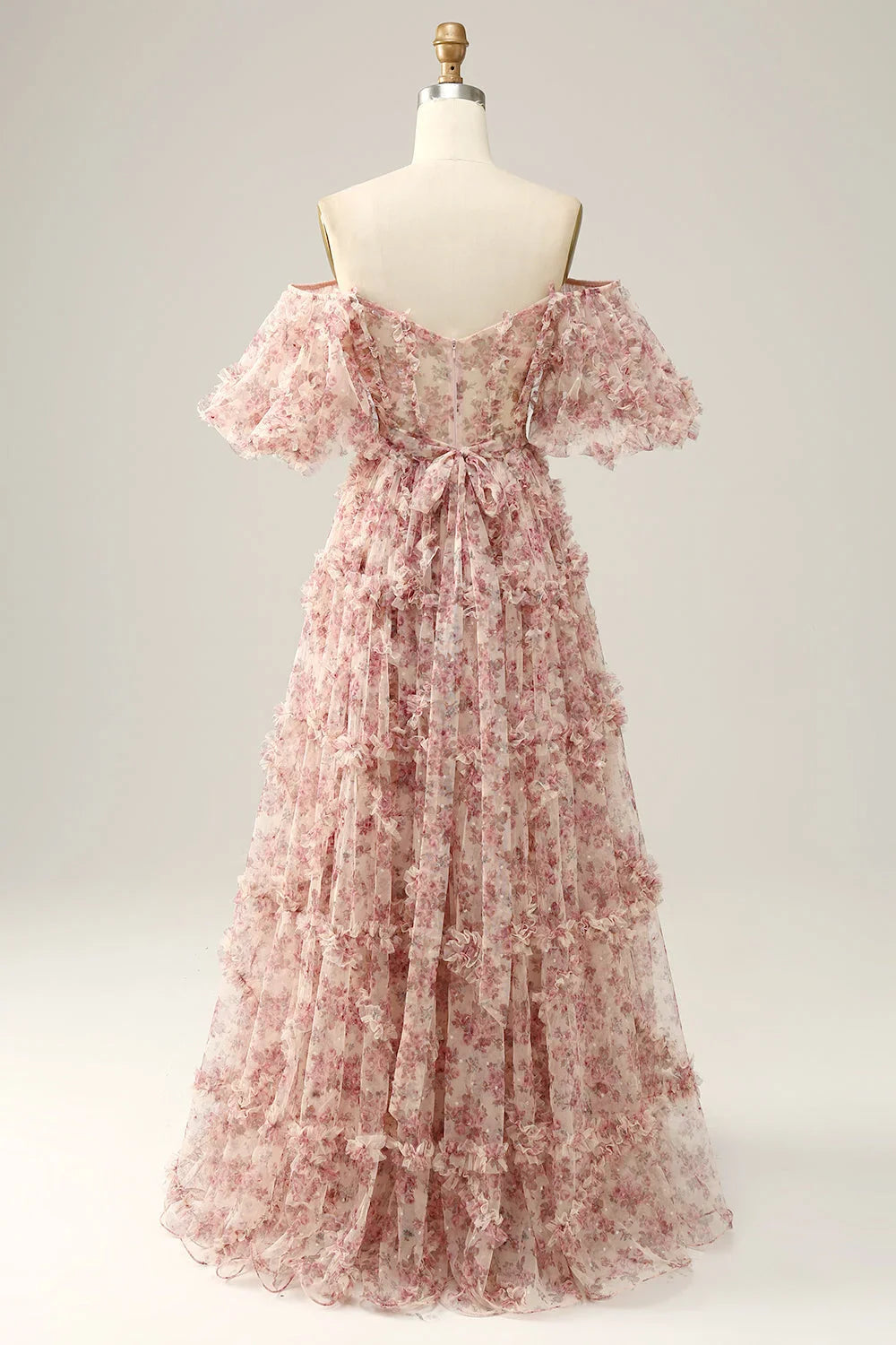 Magnifique robe de bal bustier rose à imprimé floral, coupe trapèze, épaules dénudées et traîne.