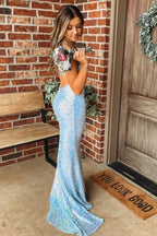 Robe de bal longue sirène à sequins clairs