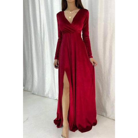 Robe de soirée longue et sexy en velours à col en V et manches longues 