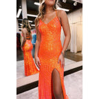 Vestido de noche formal largo con tirantes finos y lentejuelas, corte tubo/columna, brillante, para fiesta de graduación y abertura. 