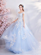 Vestido de quinceañera azul con hombros descubiertos, vestido de baile azul Y52