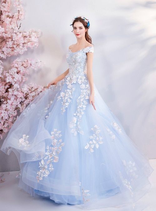 Vestido de quinceañera azul con hombros descubiertos, vestido de baile azul Y52