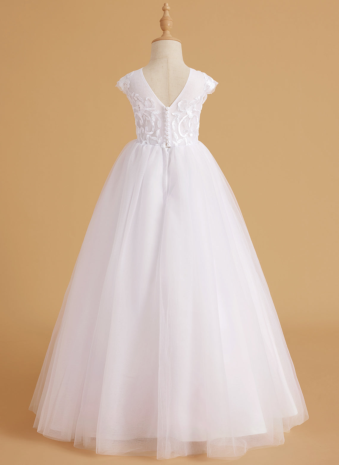 Vestido rosa de niña de las flores, corte en A, encaje, tul y cola corta 