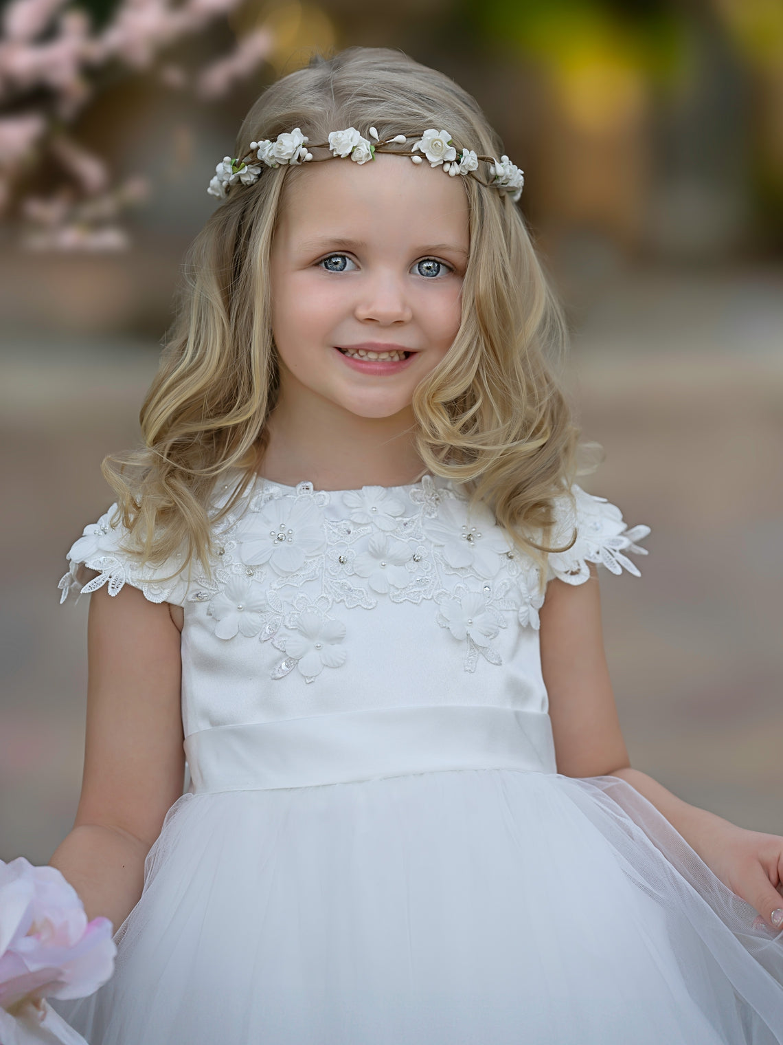 Vestido de niña de las flores de la Primera Comunión, color marfil, de tul satinado hasta la rodilla 