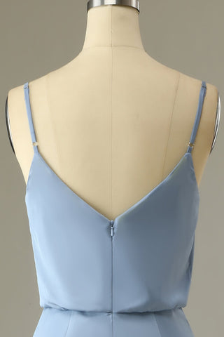 Vestido largo de dama de honor gris y azul con tirantes finos