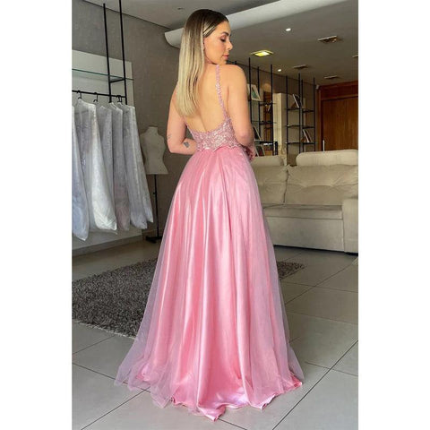 Robe de soirée longue à bretelles spaghetti et appliques en dentelle 