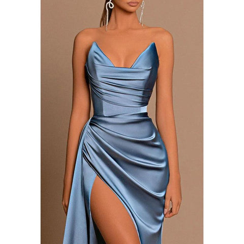 Vestido de graduación sin tirantes, plisado y sin mangas de satén