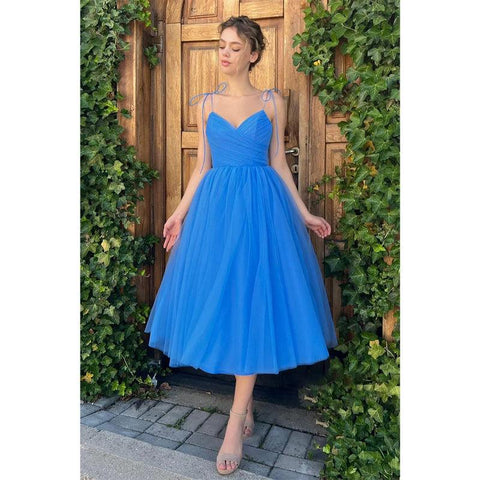 Robe de bal vintage à bretelles spaghetti et plis en tulle, longueur thé, douce 