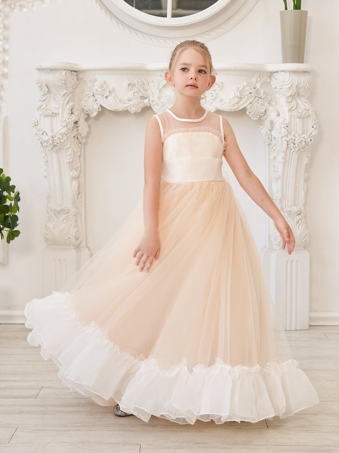 Vestido rosa de corte A, largo hasta el suelo, de tul y organza (010226975) 