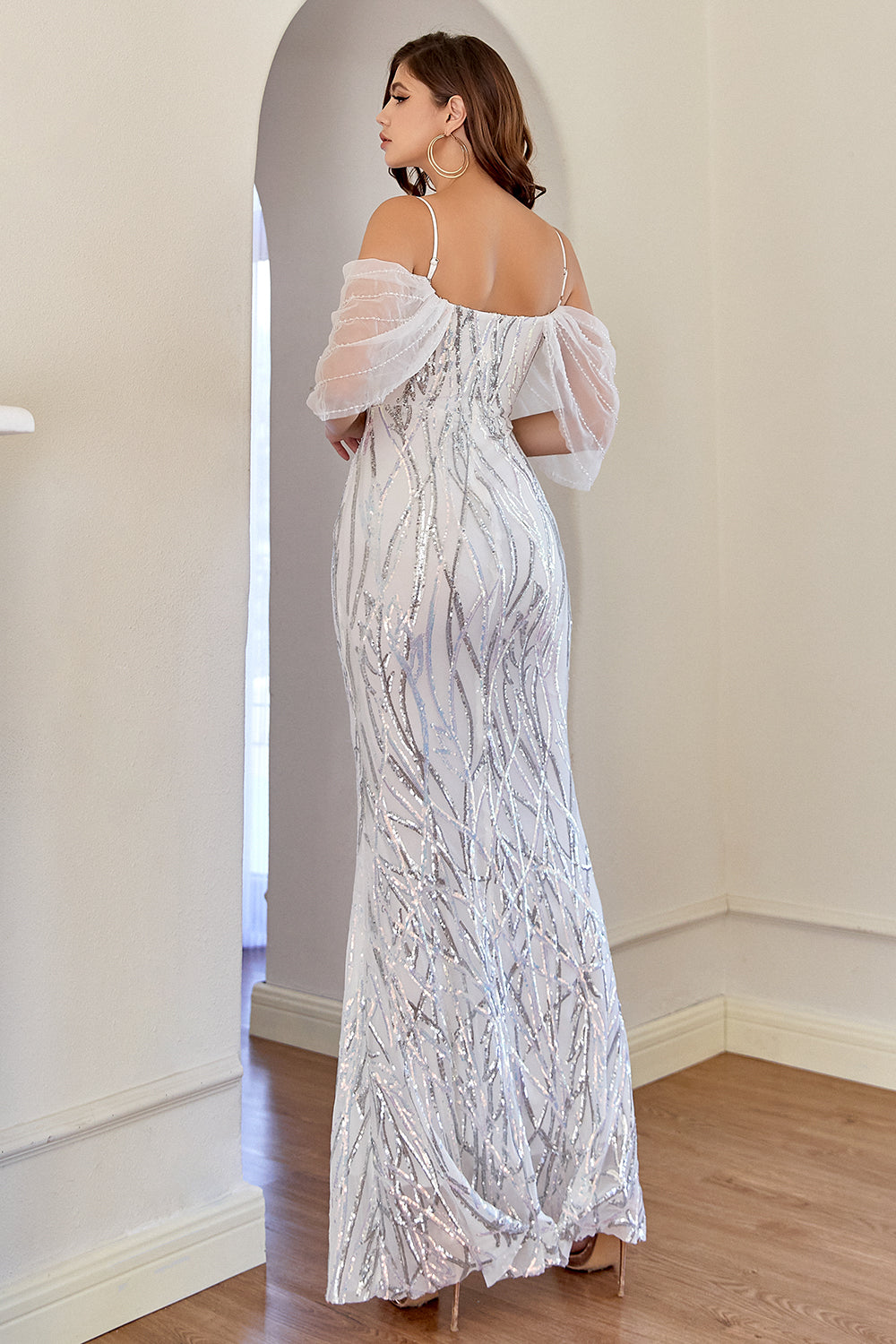 Robe de bal sirène à paillettes abricot