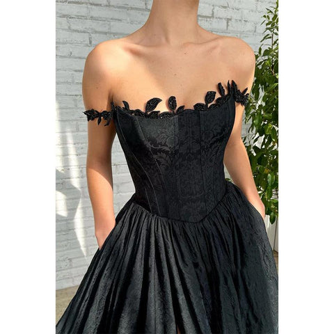 Women's Square Black Lace Split Long Prom Dress with Pockets