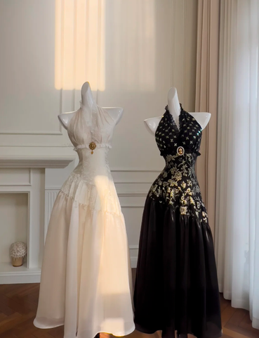 Elegante vestido de noche negro con escote halter, estampado floral, lentejuelas y corte en A, estilo vestido de fiesta largo Y8568