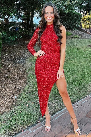 Sheath High Neck Red Sequins Asymmetrical Homecoming Dress