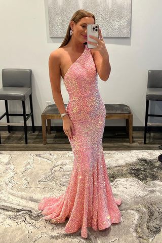Robe de bal longue sirène à sequins corail