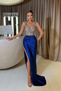 Royal Blue Straps Evening Dress Mermaid Split With Beadings