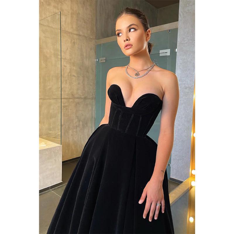 Vestido de fiesta vintage de terciopelo negro con escote en V sexy