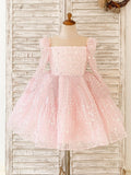 Vestido de princesa rosa con lentejuelas y tul para niña, con mangas largas y lazo extragrande 