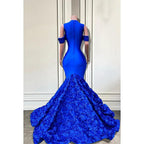 Vestido de fiesta de noche estilo sirena con escote en V, mangas cortas y apliques, glamuroso y dramático