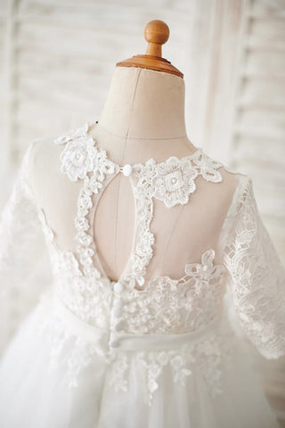 Vestido de niña de las flores para la Primera Comunión, corte en A, de encaje y tul, hasta el suelo 