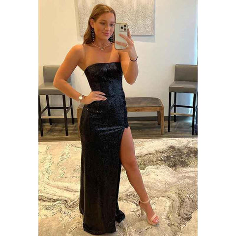 Vestido largo de noche de fiesta sin tirantes, con lentejuelas y abertura, sin mangas y sin tirantes.