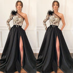 One Shoulder Long Sleeves Prom Dress Split With Appliques