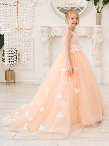 Elegante vestido de princesa sin mangas de tul para niña de las flores, corte en A 