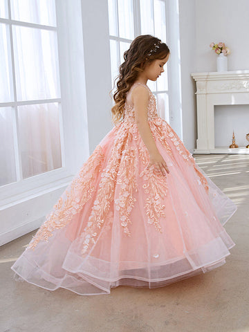 Vestido de princesa rosa para niñas con apliques de encaje 