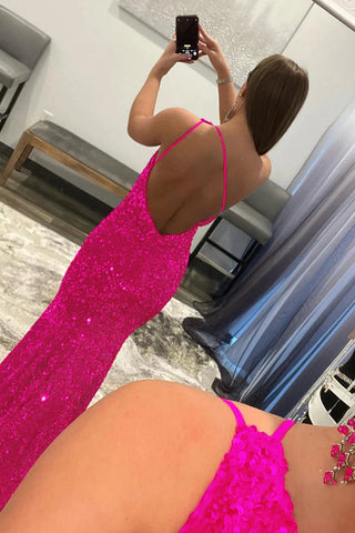 Robe de bal longue sirène à sequins corail