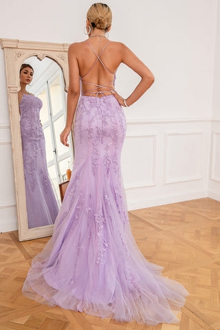 Robe de bal longue sirène violet clair avec appliques