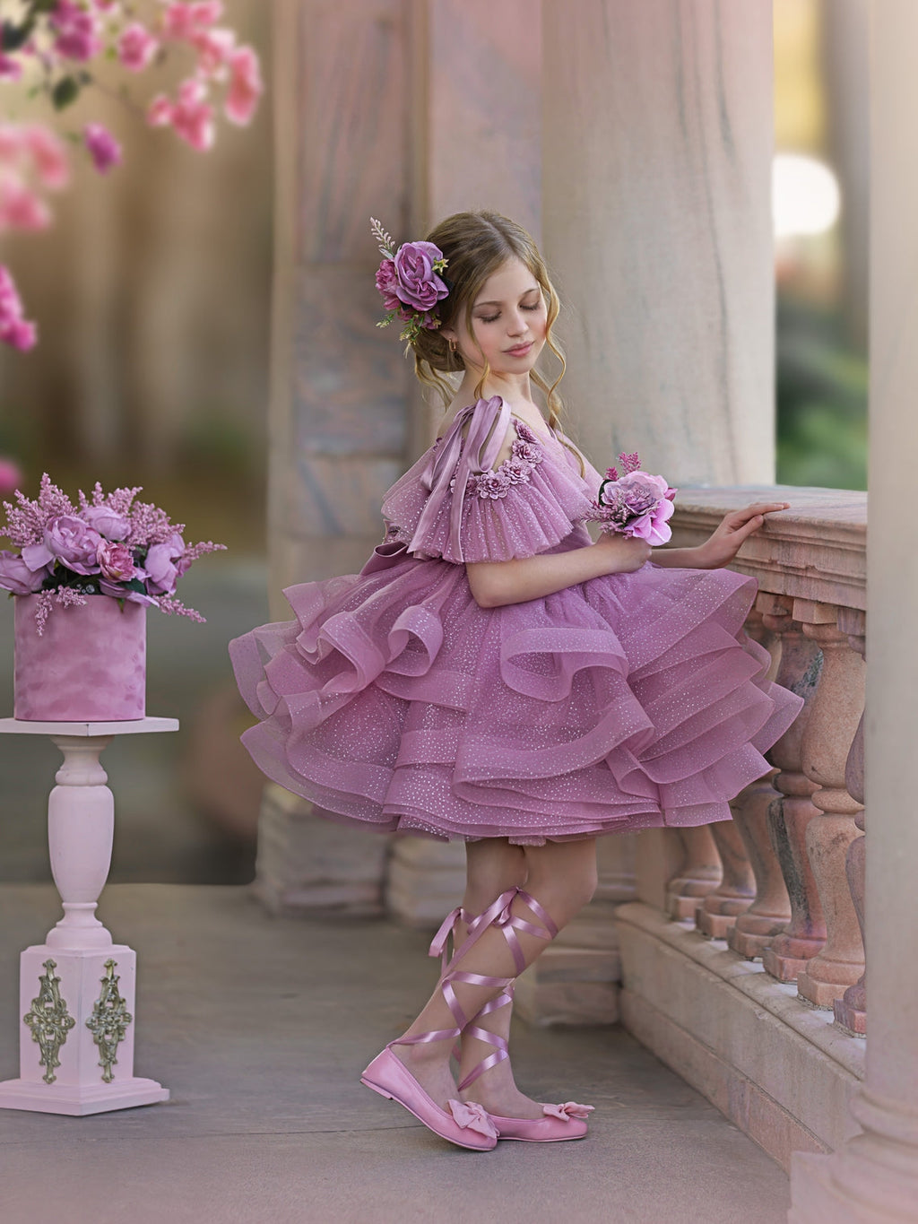 Vestido de princesa/vestido de tul hasta la rodilla para niña de las flores de cumpleaños 