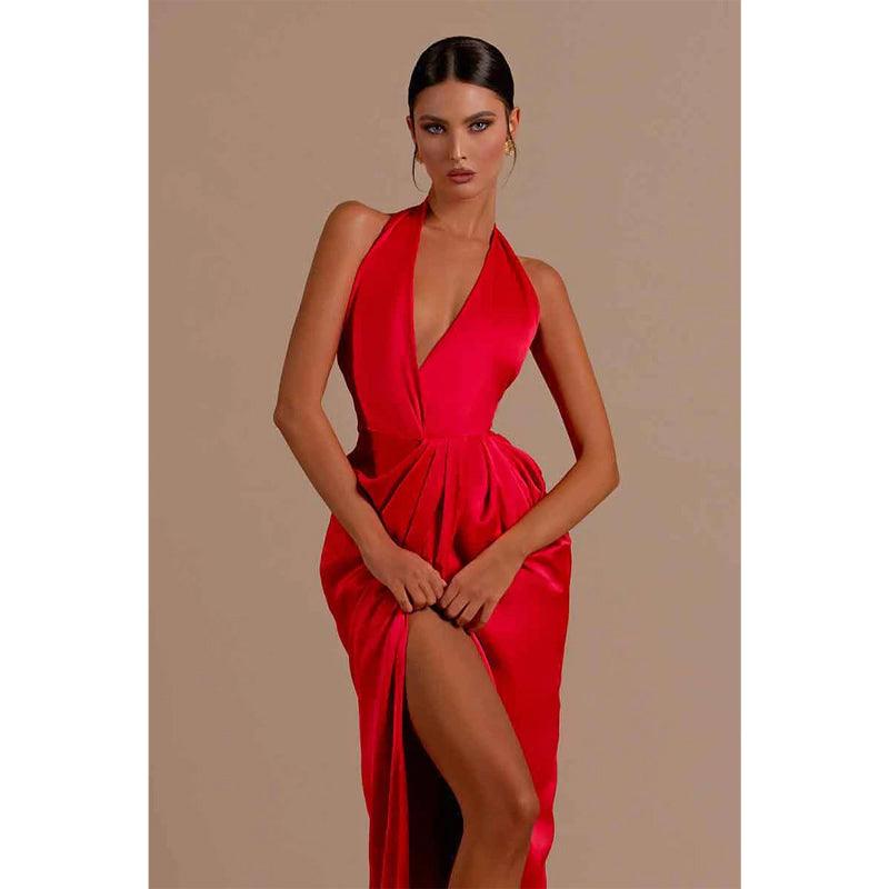 Vestido de fiesta formal largo rojo con escote en V, pliegues y abertura alta 