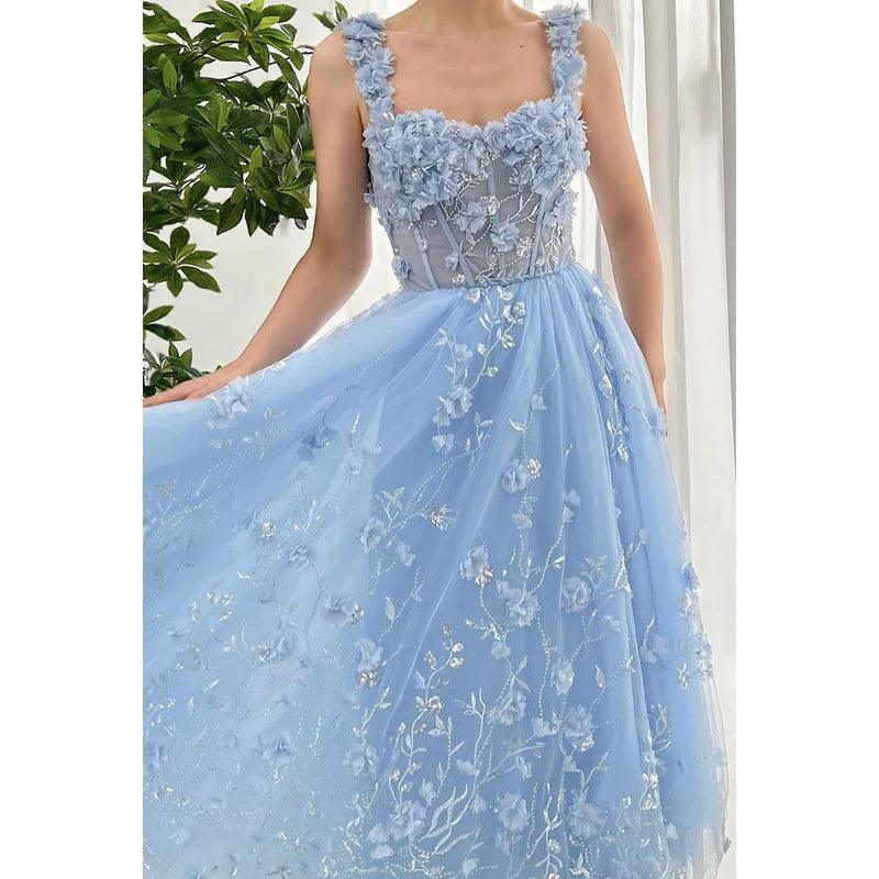 Vestido de fiesta formal glamuroso y dramático con tirantes cuadrados, corte A, apliques de tul y flores