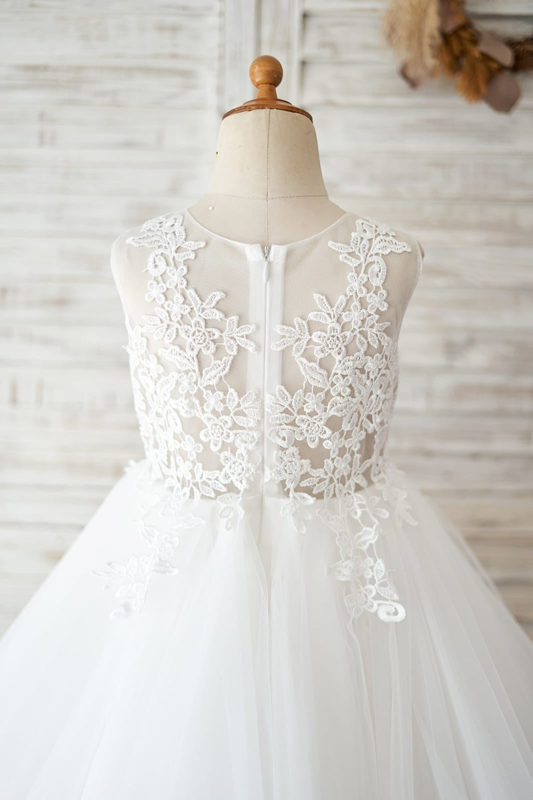 Vestido de niña de las flores para la Primera Comunión, corte en A, de tul hasta la rodilla 