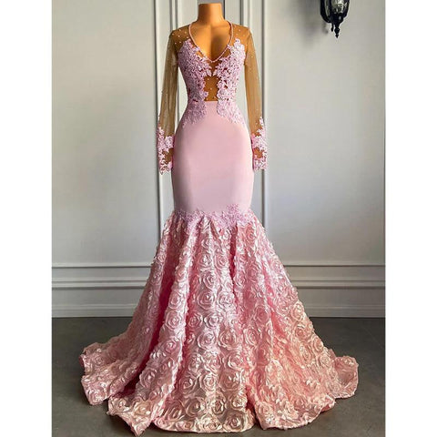 Robe de bal sirène africaine sexy à col en V et manches longues en dentelle 