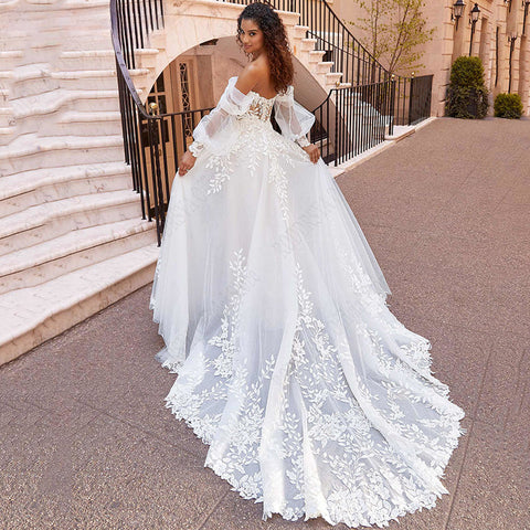 RODDRSYA Beach Wedding Dresses Lace Puff Sleeves Bridal Gowns Princess Off Shoulder Vestido De Novia Appliques Tulle Sweep Train