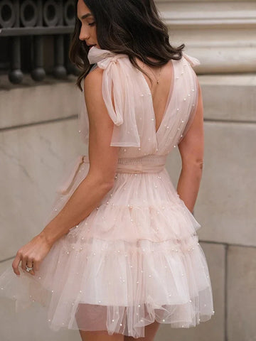 TARUXY Solid Mesh Splice Bow Mini Dress For Women Pearl Sleeveless Sexy Plunge V Neck Solid Elegant Party Evening Dress Female