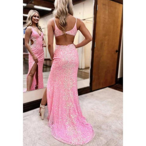 Robe de soirée scintillante à bretelles spaghetti et col en V, avec appliques 