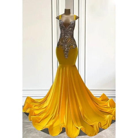 Vestido formal de fiesta de graduación con escote en V, tirantes y volantes de sirena/trompeta