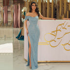 Robes de soirée sirène bleu clair élégantes et sexy 2025, asymétriques, fendues sur la poitrine, sur mesure.
