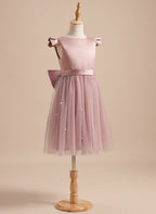 Vestido rosa empolvado de corte A y tul satinado hasta la rodilla (2003227179) 