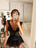 Vestido de fiesta negro de encaje con escote en V y corte en A, sin mangas, modelo Y418